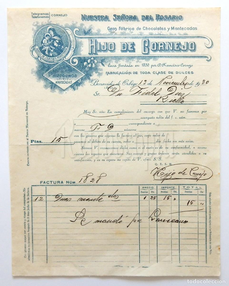 Facturas antiguas: FACTURA CHOCOLATES. HIJO DE CORNEJO. NUESTRA SE&Ntilde;ORA DEL ROSARIO. BENAVIDES DE ORBIGO LEON A&Ntilde;O 1930