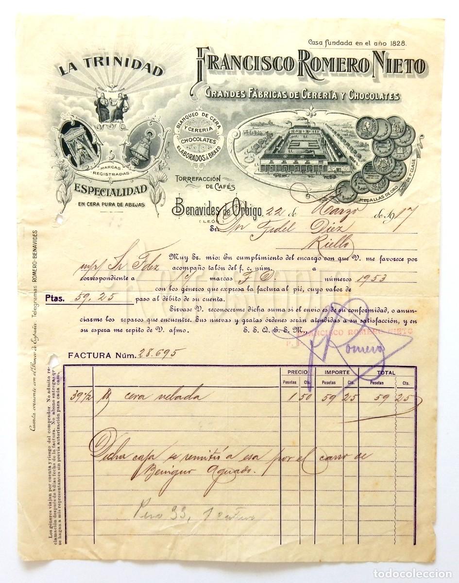 Faturas antigas: FACTURA FABRICA CHOCOLATES LA TRINIDAD. VIUDA FRANCISCO ROMERO NIETO BENAVIDES DE ORBIGO LEON 1917