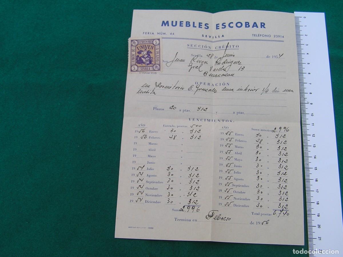Facturas antiguas: Factura de venta a plazos de muebles con rara p&oacute;liza de Uni&oacute;n Vendedores a Plazos, Sevilla. A&ntilde;os 50.
