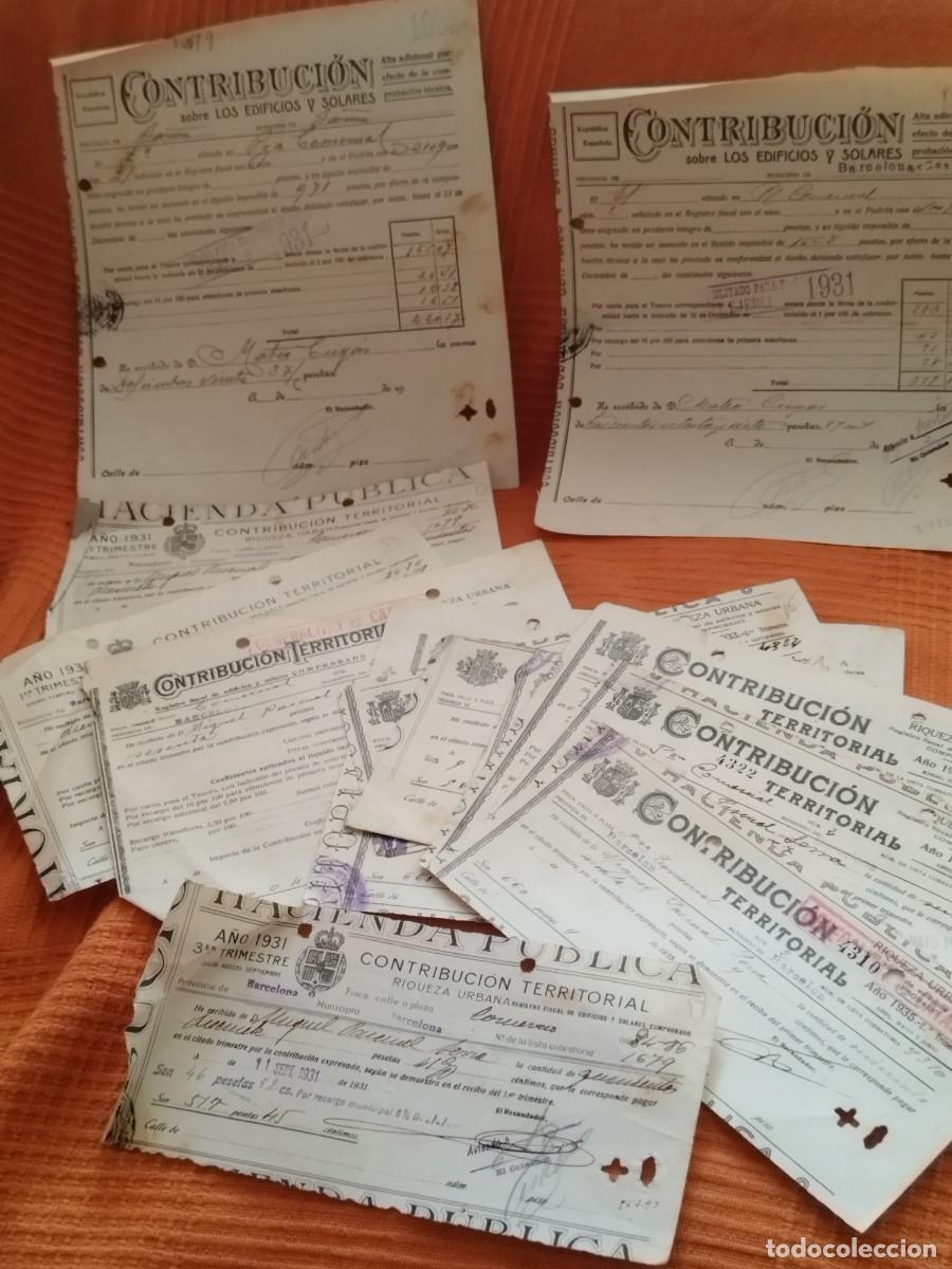 Facturas antiguas: 13 antiguos recibos de Contribuci&oacute;n Territorial de Riqueza Urbana, a&ntilde;os 30 Barcelona, actual ibi.