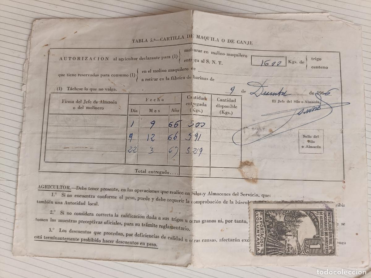 Facturas antiguas: Vi&ntilde;eta con documento. Mutualidad funcionarios del Ministerio de Agricultura. Trigo