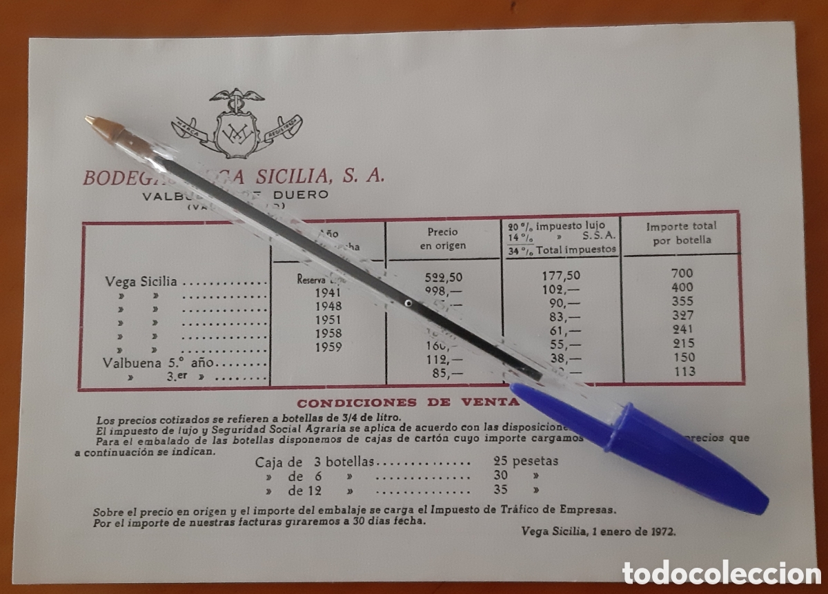 Facturas antiguas: Valladolid Bodegas Vega Sicilia. Listado de precios del a&ntilde;o 1972.
