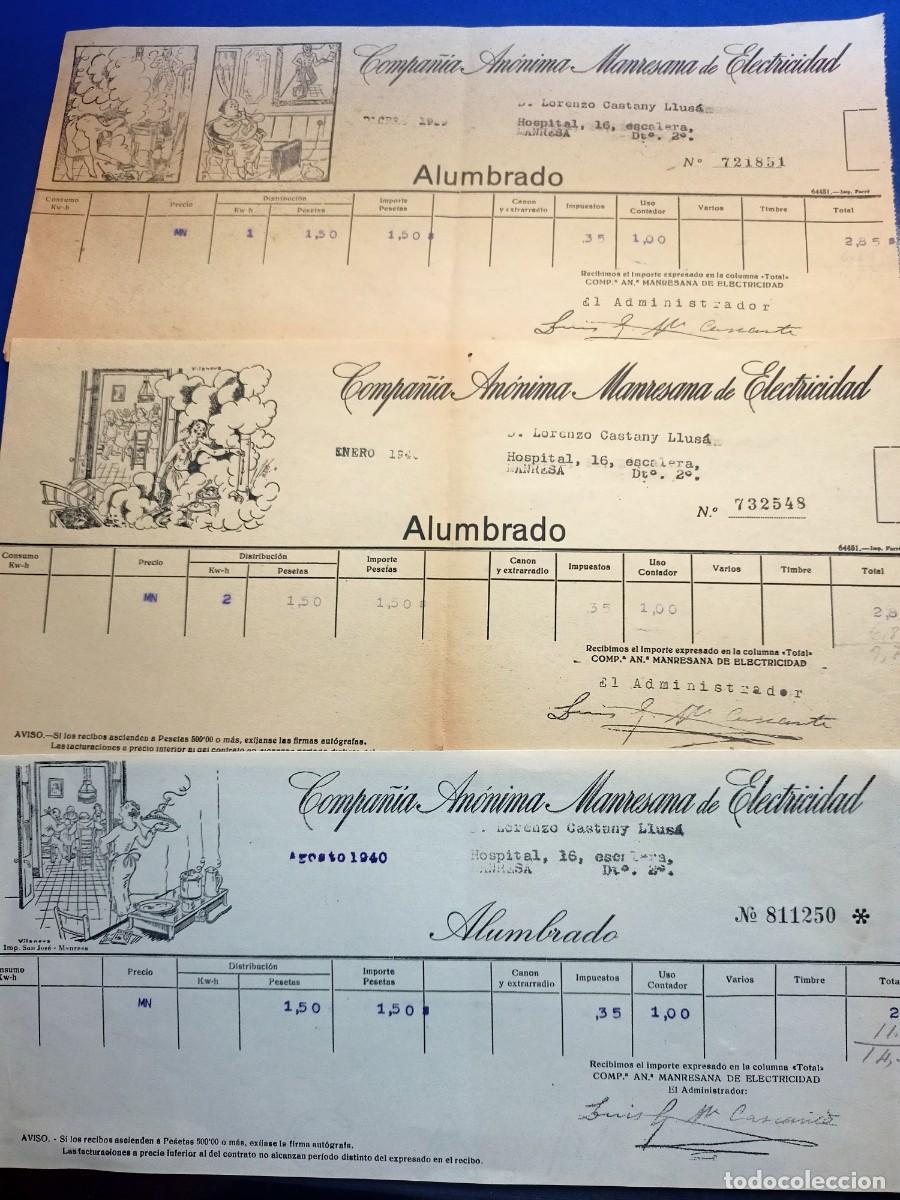 Facturas antiguas: TRES FACTURAS DE LA COMPA&Ntilde;IA ANONIMA MANRESANA DE ELECTRICIDAD A&Ntilde;OS 1939 Y 1940