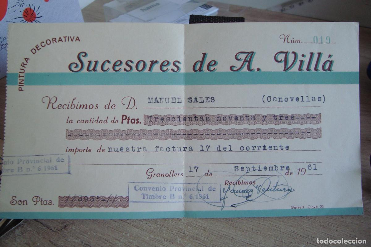 Facturas antiguas: ANTIGUA FACTURA PINTURA DECORATIVA. SUCESORES A. VILL&Aacute;- GRANOLLERS 1961