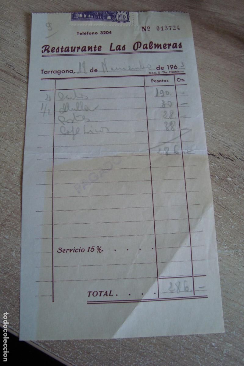 Facturas antiguas: ANTIGUA FACTURA RESTAURANTE LAS PALMERAS. TARRAGONA 1963.
