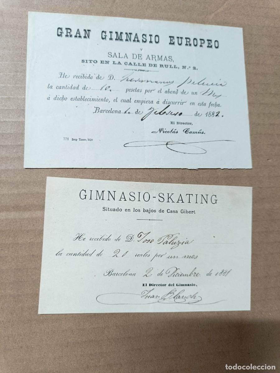 Facturas antiguas: LOTE DE 2 ANTIGUOS RECIBOS DE 1881 Y 1882, GIMNASIO SKATING Y SALA ARMAS, BARCELONA -S1
