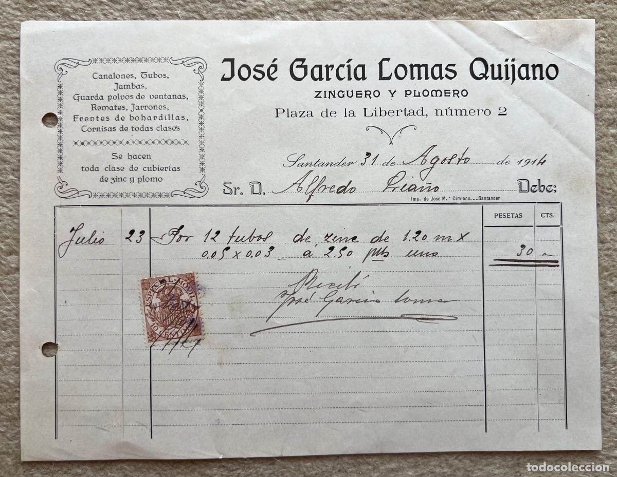 Facturas antiguas: Factura de Jos&eacute; Garc&iacute;a Lomas Quijano (Zinguero y Plomero) - Plaza de La Libertad, 2 (Santander, 1914
