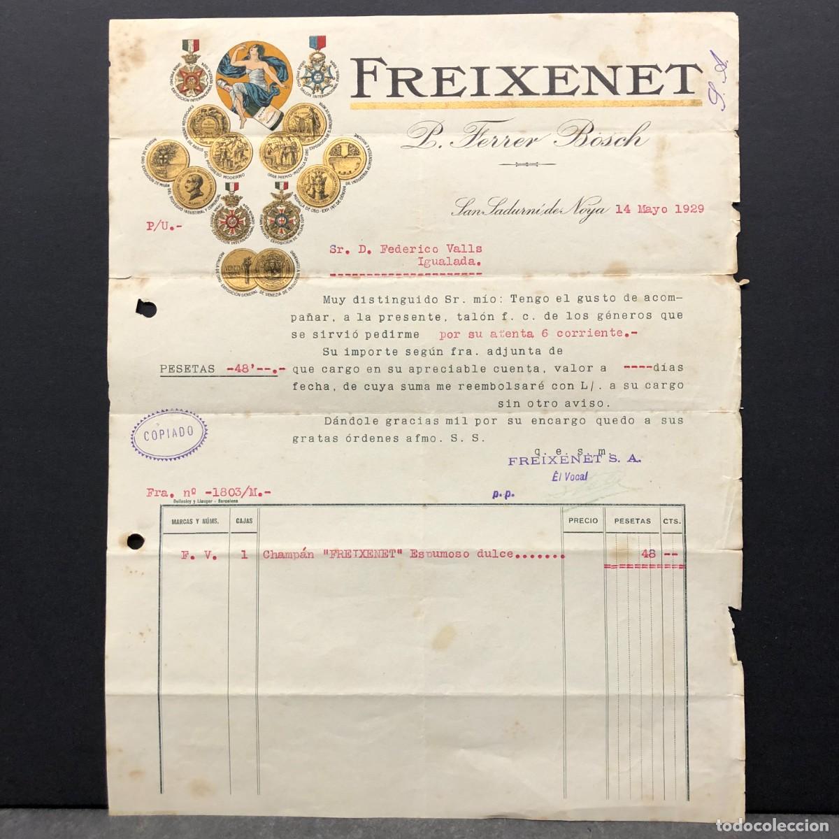 Facturas antiguas: FACTURA COMERCIAL - CAVA FREIXENET - P. FERRER BOSCH - SANT SADURN&Iacute; DE NOYA - 1929 - RAR&Iacute;SIMA / 23
