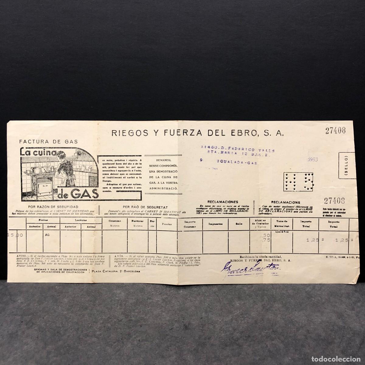 Facturas antiguas: FACTURA DE GAS - RIEGOS Y FUERZA DEL EBRO S.A. - 1935 - RAR&Iacute;SIMO DOCUMENTO / 29
