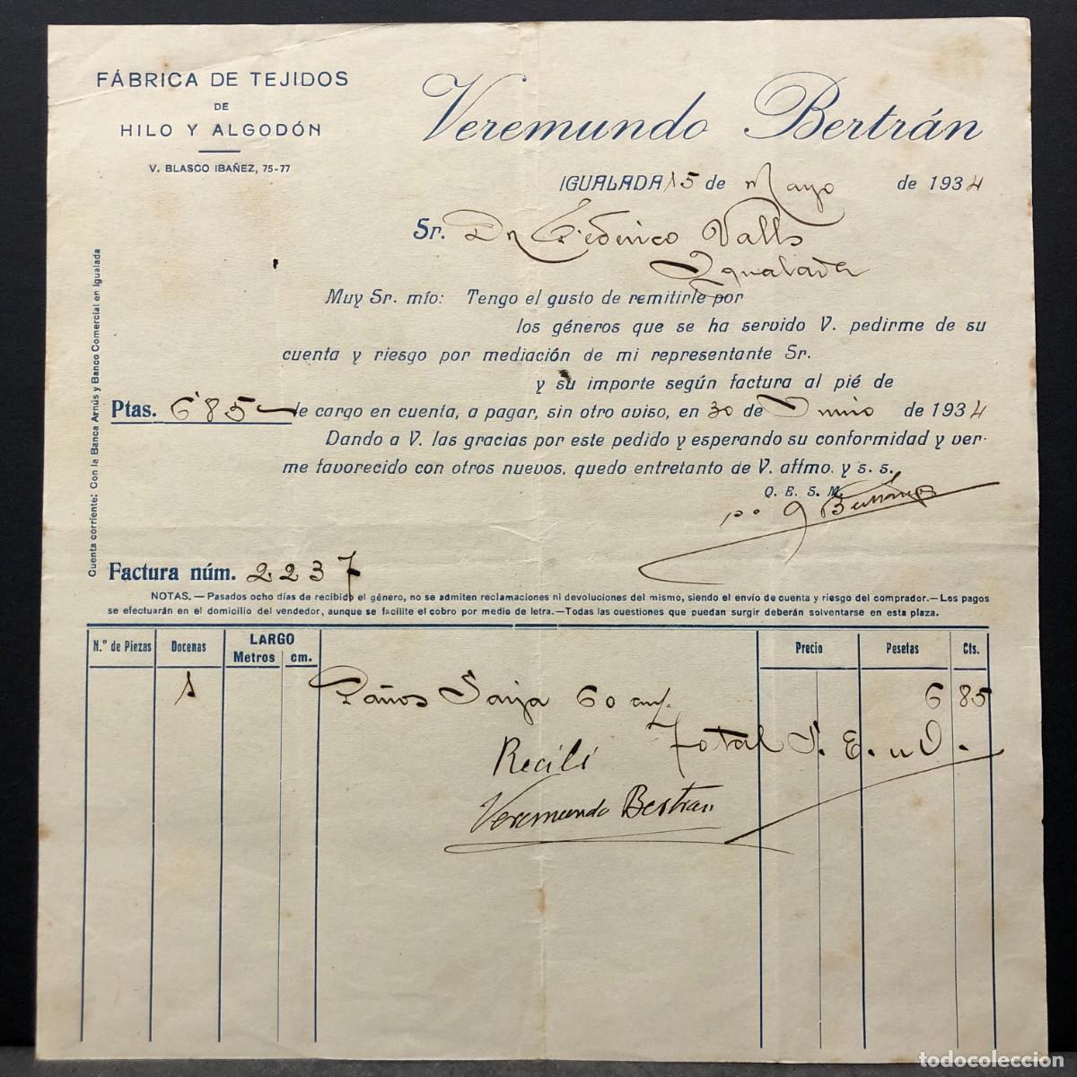 Facturas antiguas: FACTURA COMERCIAL - VEREMUNDO BERTR&Aacute;N - IGUALADA - 1934 - RAR&Iacute;SIMO DOCUMENTO / 30