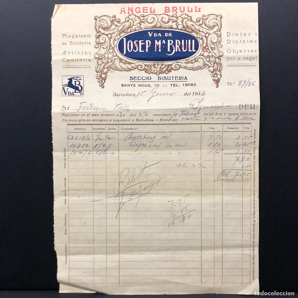 Facturas antiguas: FACTURA COMERCIAL - ANGEL BRULL - 1936 - SECCIO BISUTERIA - RAR&Iacute;SIMO DOCUMENTO / 31