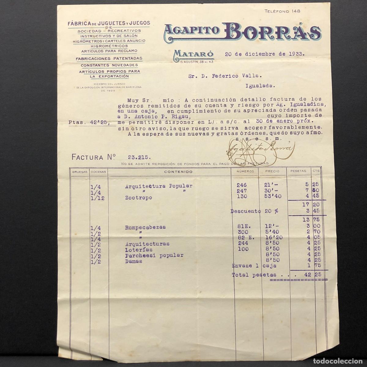 Facturas antiguas: FACTURA COMERCIAL - AGAPITO BORR&Aacute;S - F&Aacute;BRICA DE JUGUETERS Y JUEGOS - 1933 - RAR&Iacute;SIMO DOCUMENTO / 32