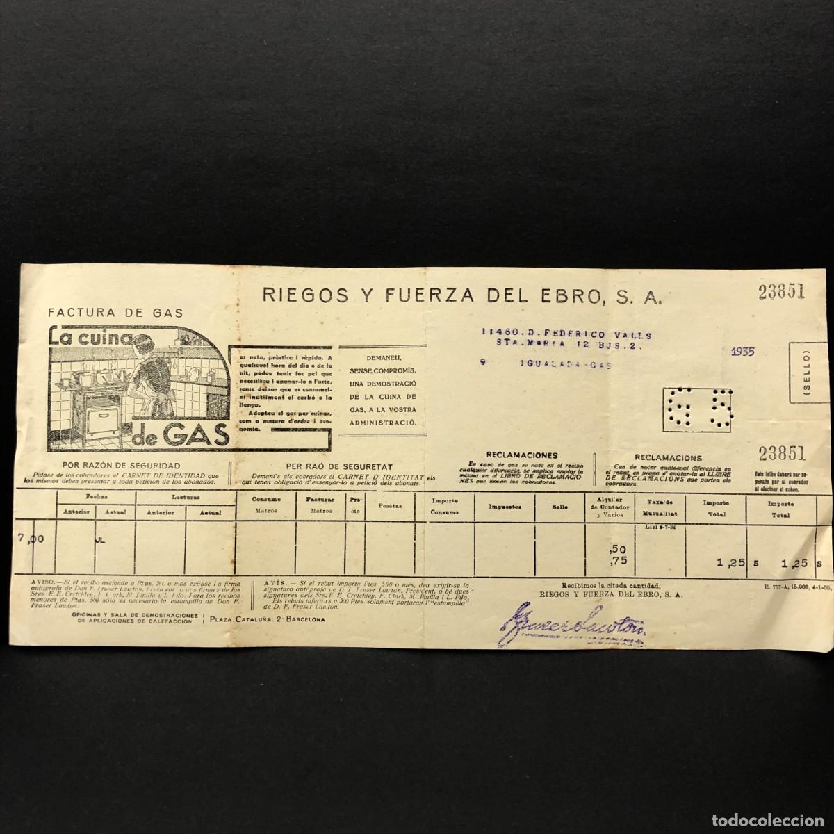 Facturas antiguas: FACTURA DE GAS - RIEGOS Y FUERZA DEL EBRO, S.A. - 1935 - RAR&Iacute;SIMO DOCUMENTO / 33