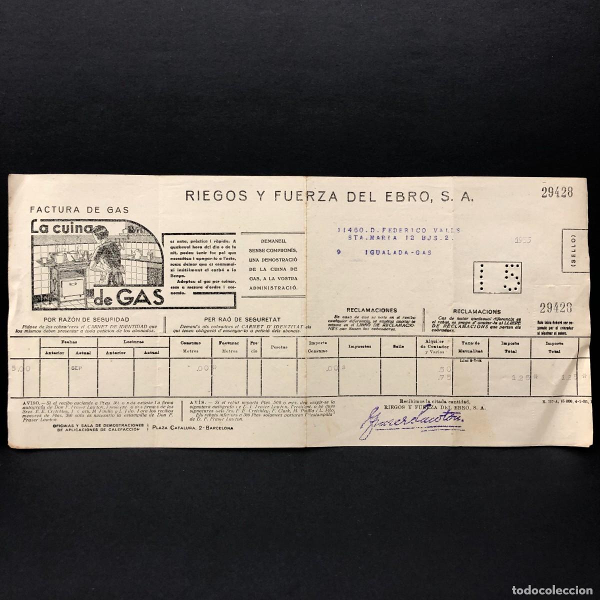 Facturas antiguas: FACTURA DE GAS - RIEGOS Y FUERZA DEL EBRO, S.A. - 1935 - RAR&Iacute;SIMO DOCUMENTO / 34