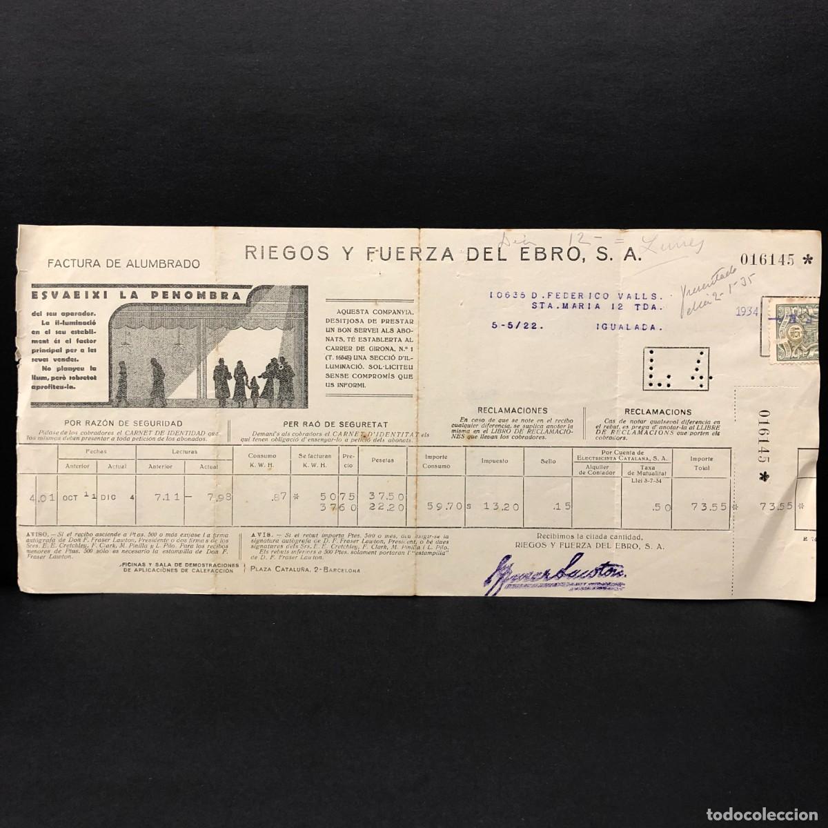 Facturas antiguas: FACTURA DE GAS - RIEGOS Y FUERZA DEL EBRO, S.A. - 1934 - RAR&Iacute;SIMO DOCUMENTO / 35