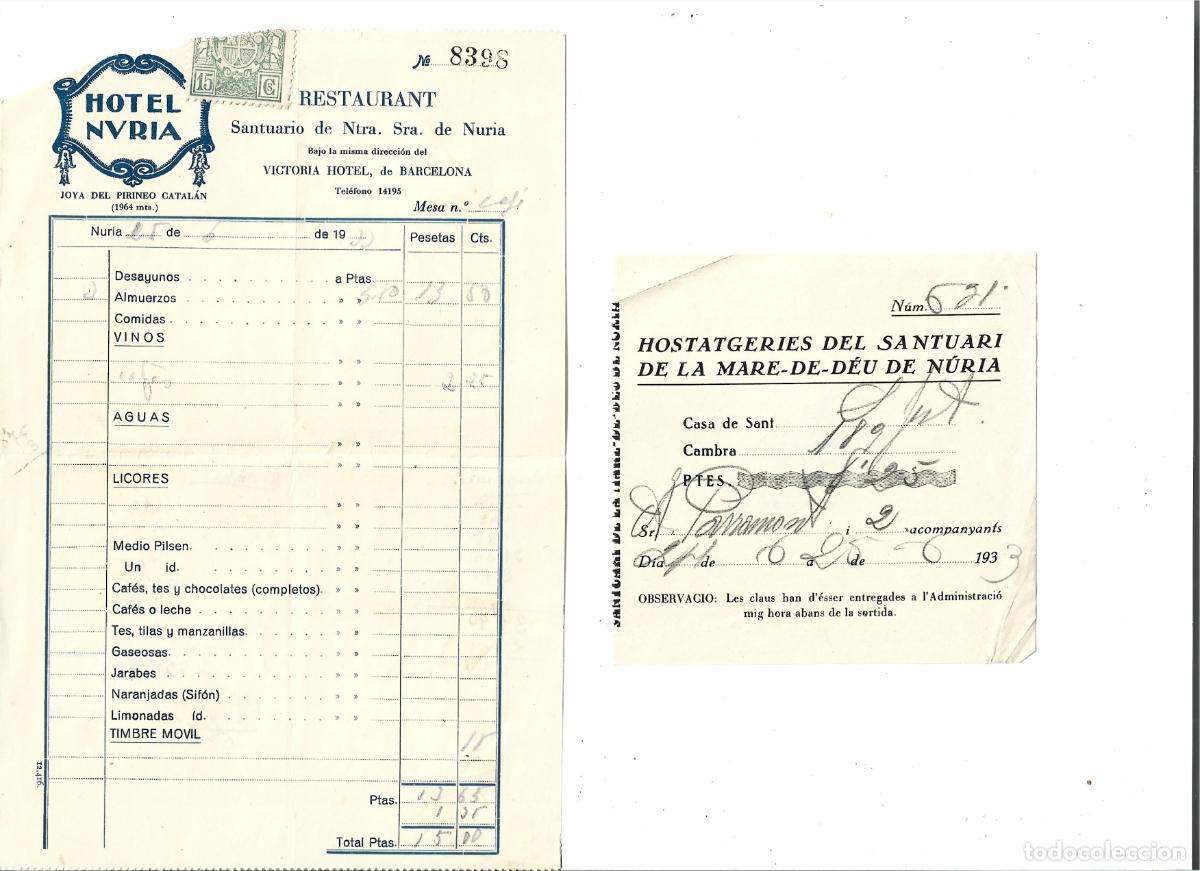 Facturas antiguas: NURIA-HOTEL N URIA-HOSTATGERIES DEL SANTUARI DE LA MARE DE DEU DE NURIA-ANY 1933