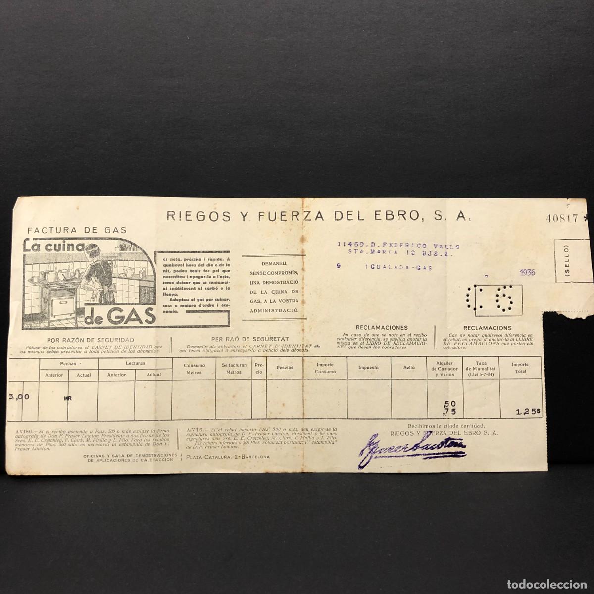 Facturas antiguas: FACTURA DE GAS - RIEGOS Y FUERZA DEL EBRO, S.A. - 1936 - RAR&Iacute;SIMO DOCUMENTO / 37