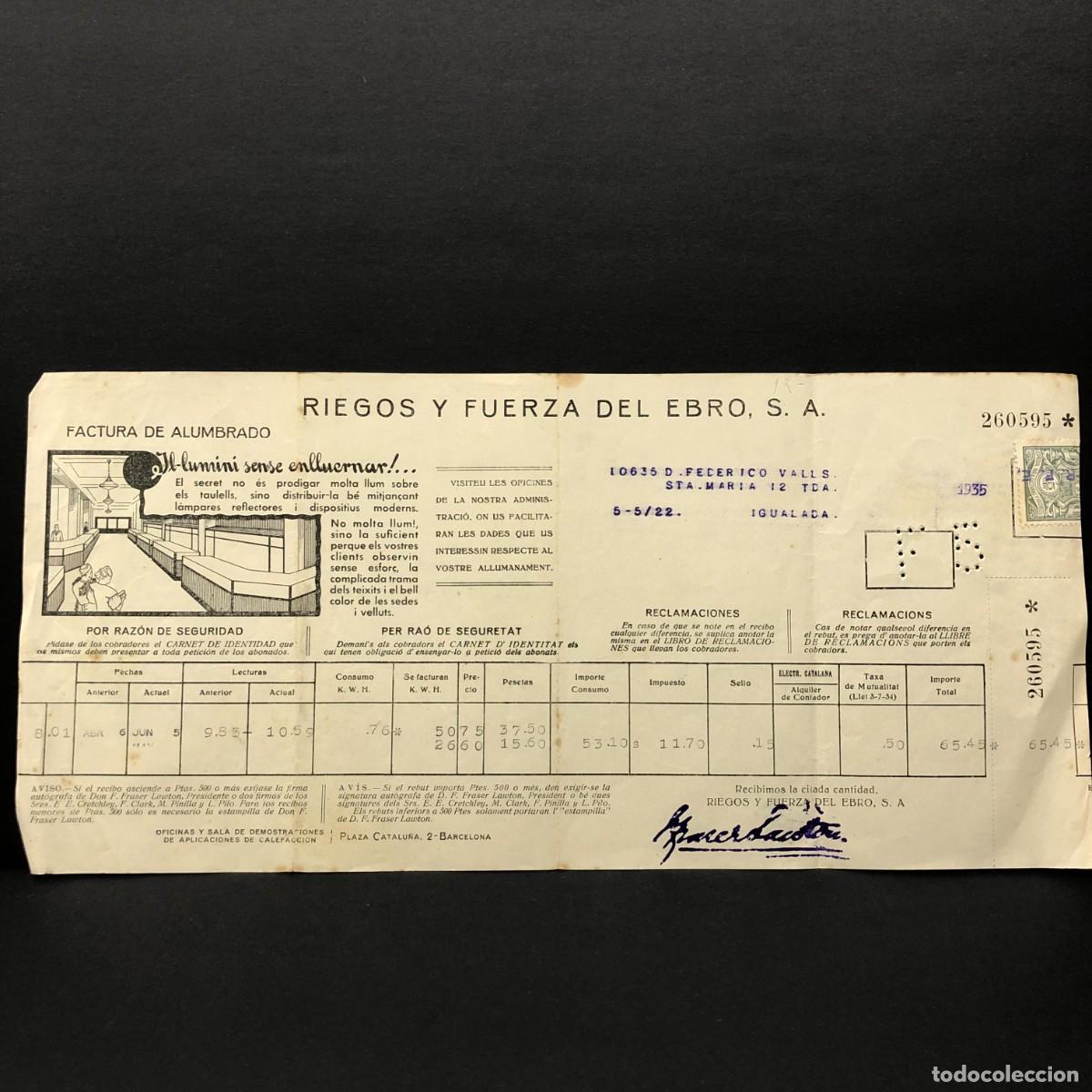 Facturas antiguas: FACTURA DE GAS - RIEGOS Y FUERZA DEL EBRO, S.A. - 1935 - RAR&Iacute;SIMO DOCUMENTO / 38