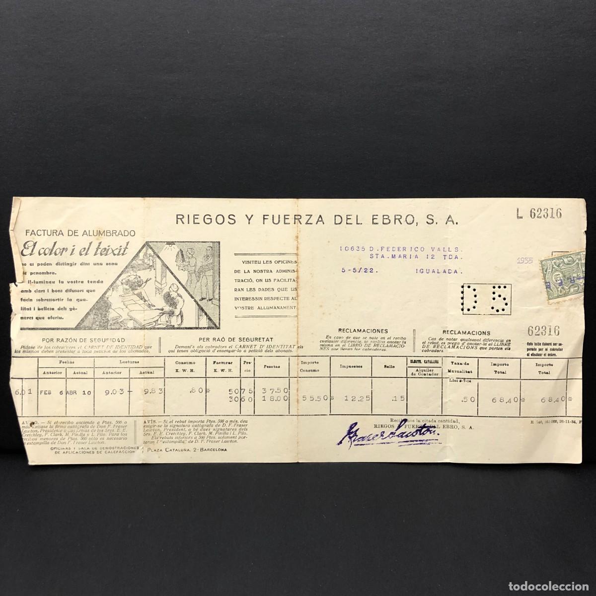Facturas antiguas: FACTURA DE GAS - RIEGOS Y FUERZA DEL EBRO, S.A. - 1935 - RAR&Iacute;SIMO DOCUMENTO / 39