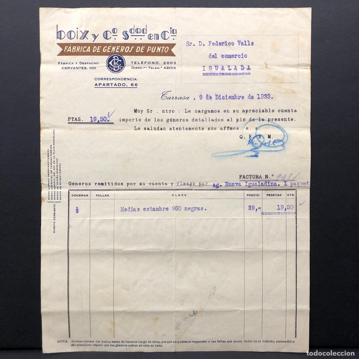 Facturas antiguas: FACTURA COMERCIAL - BOIX Y C&ordm; - F&Aacute;BRICA DE G&Eacute;NEROS DE PUNTO 1933 IGUALAD - RAR&Iacute;SIMO DOCUMENTO / 40