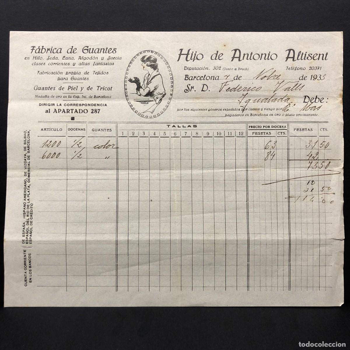 Facturas antiguas: FACTURA COMERCIAL - F&Aacute;BRICA DE GUANTES - HIJO DE ANTONIO ALTISENT - 1933 - RAR&Iacute;SIMO DOCUMENTO / 41