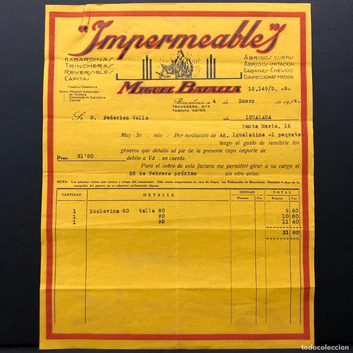 Facturas antiguas: FACTURA COMERCIAL - IMPERMEABLES - MIGUEL BATALLA - 1934 - RAR&Iacute;SIMO DOCUMENTO / 42