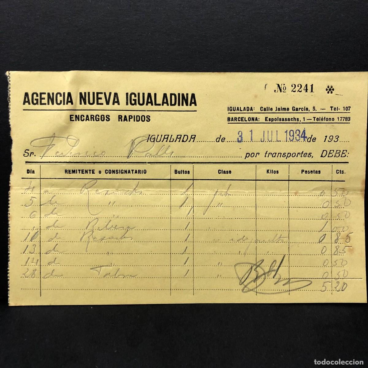 Facturas antiguas: FACTURA COMERCIAL - AGENCIA NUEVA IGUALADINA - 1934 - IGUALADA - RAR&Iacute;SIMO DOCUMENTO / 43