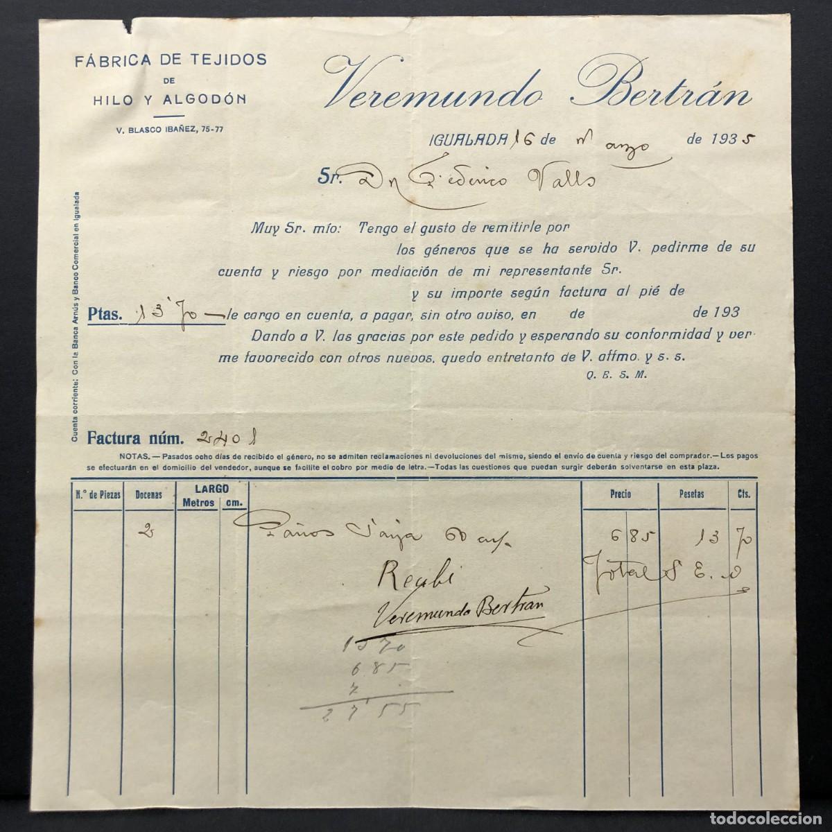 Facturas antiguas: FACTURA COMERCIAL - VEREMUNDO BERTR&Aacute;N - F&Aacute;BRICA DE TEJIDOS - IGUALADA 1935 - RAR&Iacute;SIMO DOCUMENTO / 44