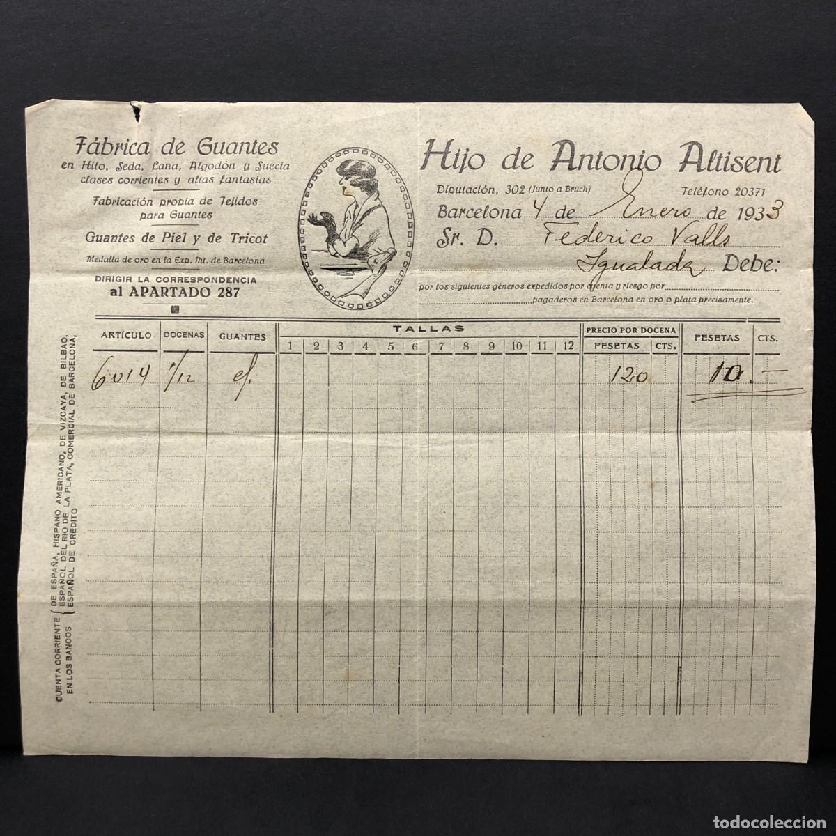 Facturas antiguas: FACTURA COMERCIAL - F&Aacute;BRICA DE GUANTES - HIJO DE ANTONIO ALTISENT - 1933 - RAR&Iacute;SIMO DOCUMENTO / 45