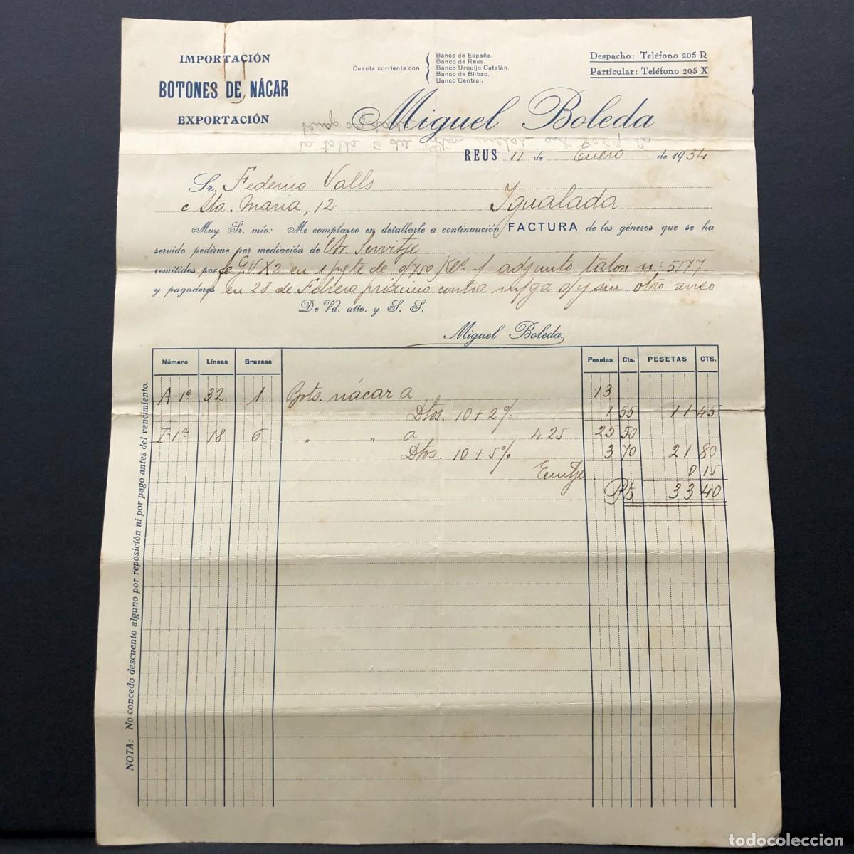 Facturas antiguas: FACTURA COMERCIAL - MIGUEL BOLEDA - IMPORTACI&Oacute;N BOTONES DE N&Aacute;CAR - REUS - 1934 - RAR&Iacute;SIMO / 46