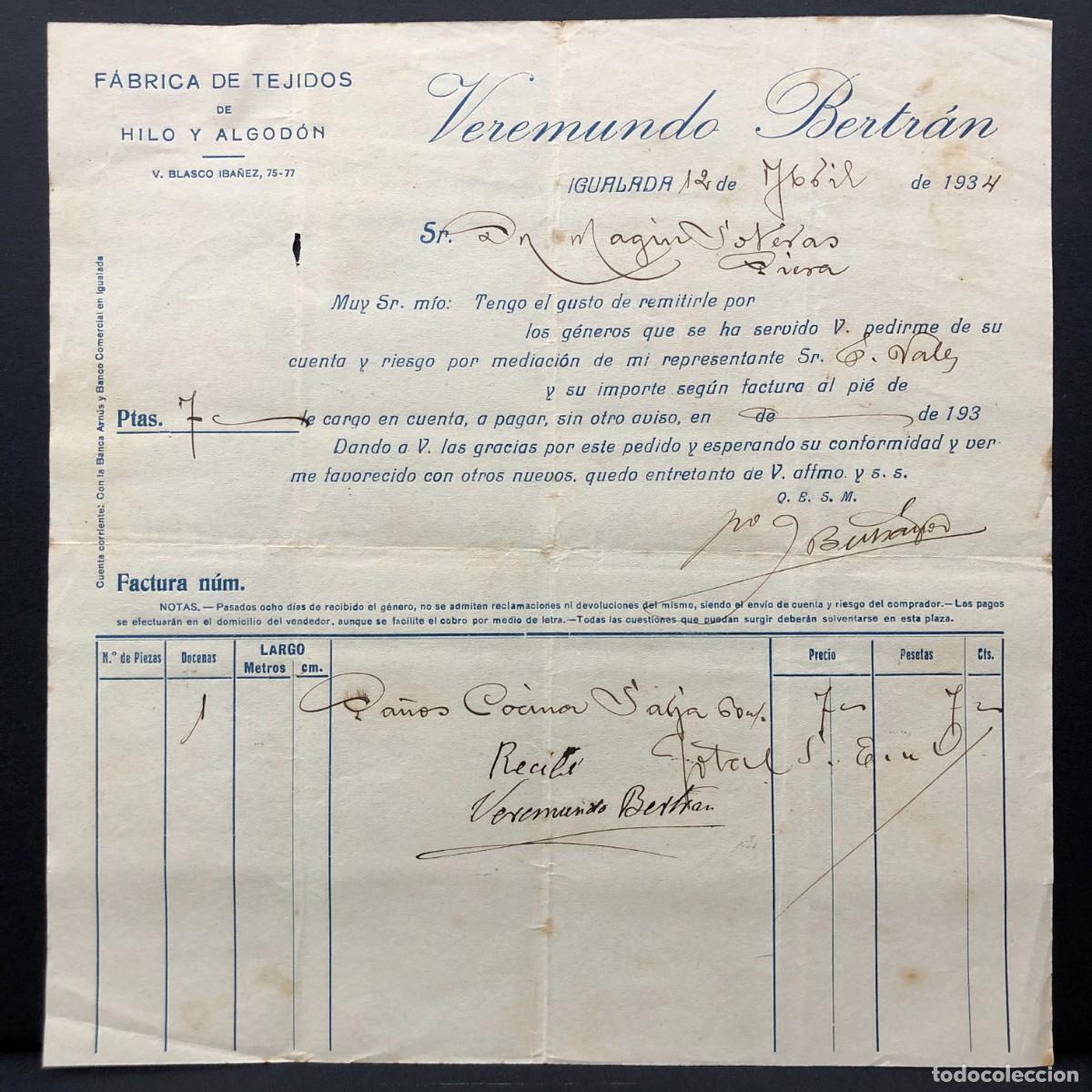 Facturas antiguas: FACTURA COMERCIAL - VEREMUNDO BERTR&Aacute;N F&Aacute;BRICA DE TEJIDOS - IGUALADA - 1934 - RAR&Iacute;SIMO / 48