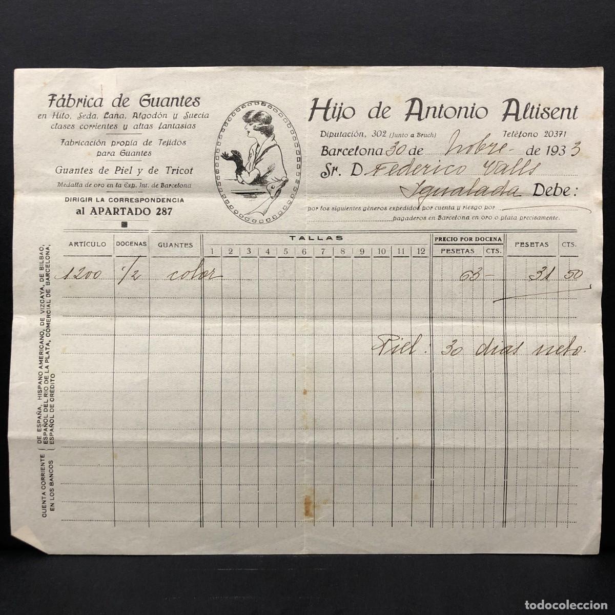 Facturas antiguas: FACTURA COMERCIAL - F&Aacute;BRICA DE GUANTES HIJO DE ANTONIO ALTISENT - BARCELONA 1933 - RAR&Iacute;SIMO / 49