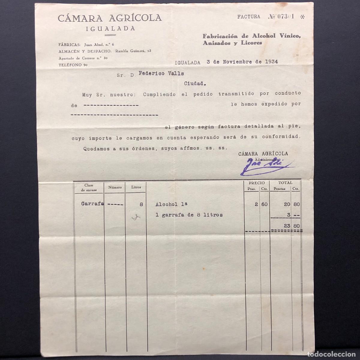Facturas antiguas: FACTURA COMERCIAL - C&Aacute;MARA AGR&Iacute;COLA - IGUALADA - 1934 - RAR&Iacute;SIMO / 51
