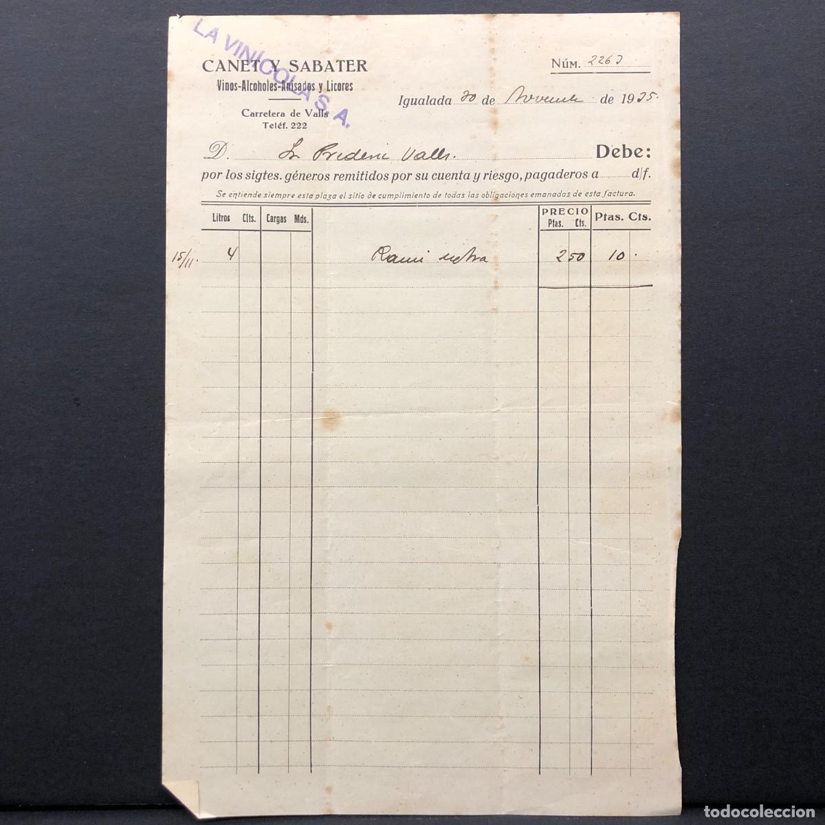 Facturas antiguas: FACTURA COMERCIAL - CANET Y SABATER - VINOS, ALCOHOLES, ANISADOS Y LICORES - 1935 - RAR&Iacute;SIMO / 52