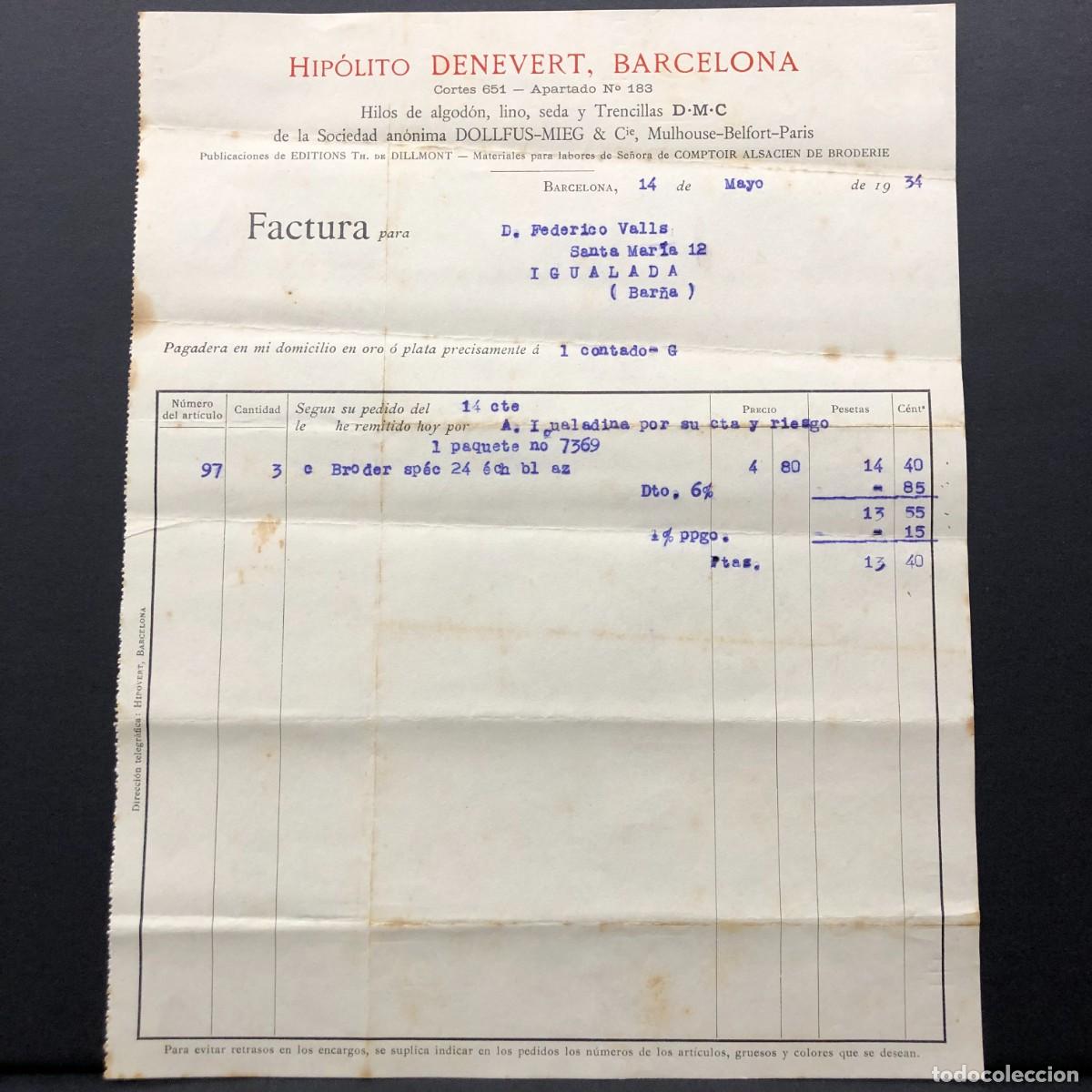 Facturas antiguas: FACTURA COMERCIAL - HIP&Oacute;LITO DENEVERT - BARCELONA - 1934 - RAR&Iacute;SIMO / 60