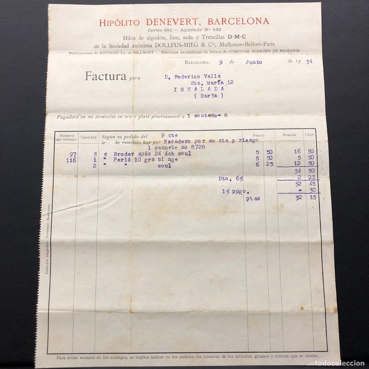 Facturas antiguas: FACTURA COMERCIAL - HIP&Oacute;LITO DENEVERT - BARCELONA - 1934 - RAR&Iacute;SIMO / 61
