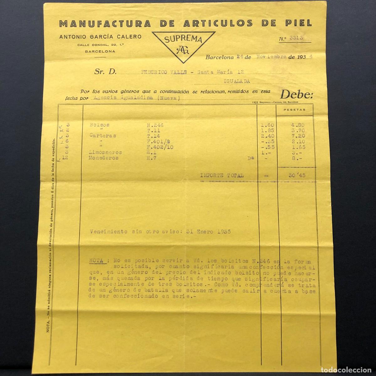 Facturas antiguas: FACTURA COMERCIAL - MANUFACTURA DE ARTICULOS DE PIEL ANTONIO GARC&Iacute;A CALERO - 1934 - RAR&Iacute;SIMO / 63