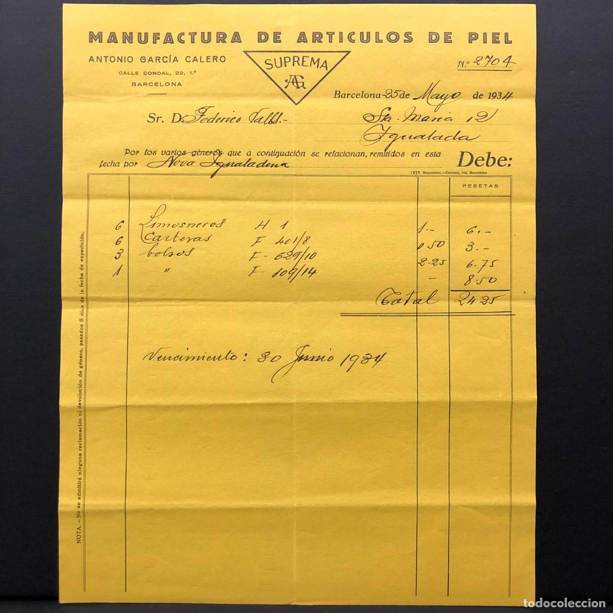 Facturas antiguas: FACTURA COMERCIAL - MANUFACTURA DE ARTICULOS DE PIEL ANTONIO GARC&Iacute;A CALERO - 1934 - RAR&Iacute;SIMO / 64