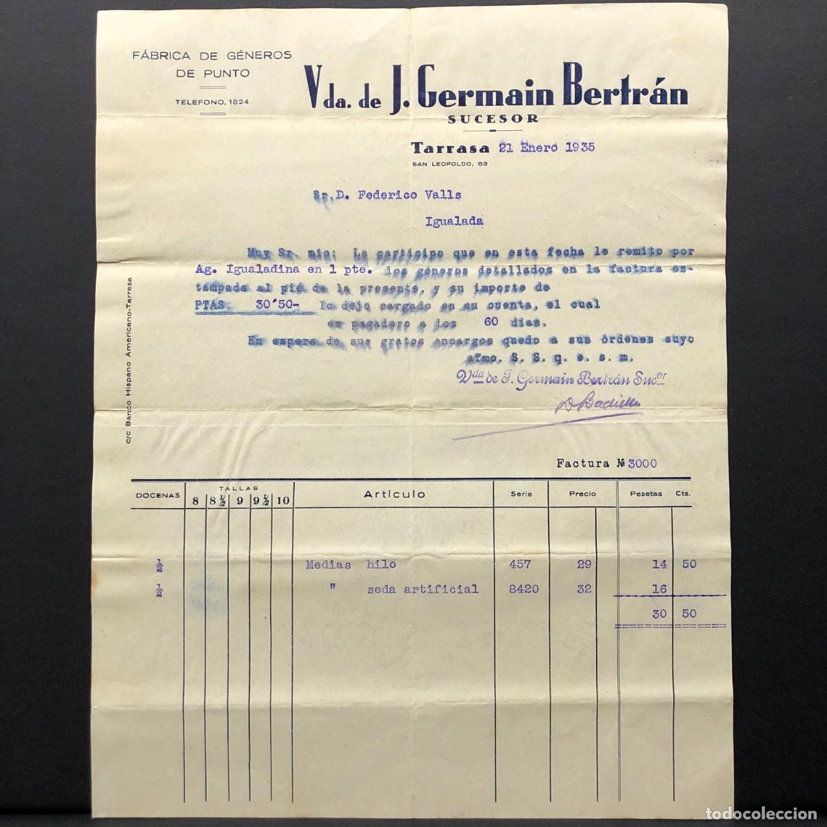 Facturas antiguas: FACTURA COMERCIAL - VDA. DE J. GERMAIN BERTR&Aacute;N SUCESOR - TARRASA - IGUALADA 1935 - RAR&Iacute;SIMO / 65