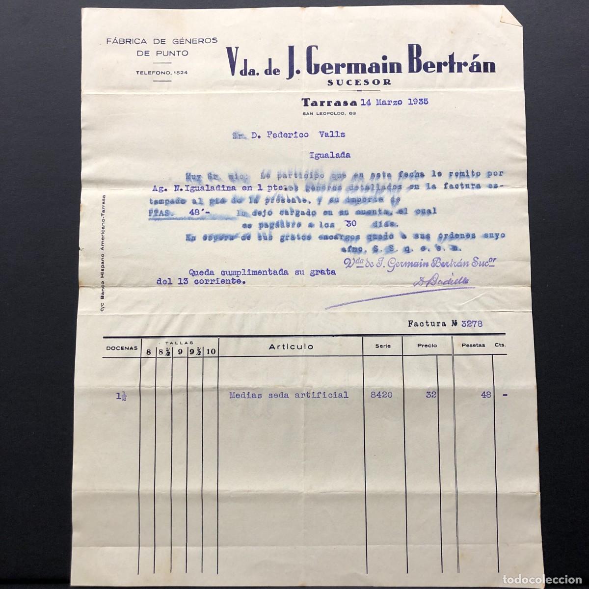 Facturas antiguas: FACTURA COMERCIAL - VDA. DE J. GERMAIN BERTR&Aacute;N SUCESOR - TARRASA - IGUALADA 1935 - RAR&Iacute;SIMO / 66