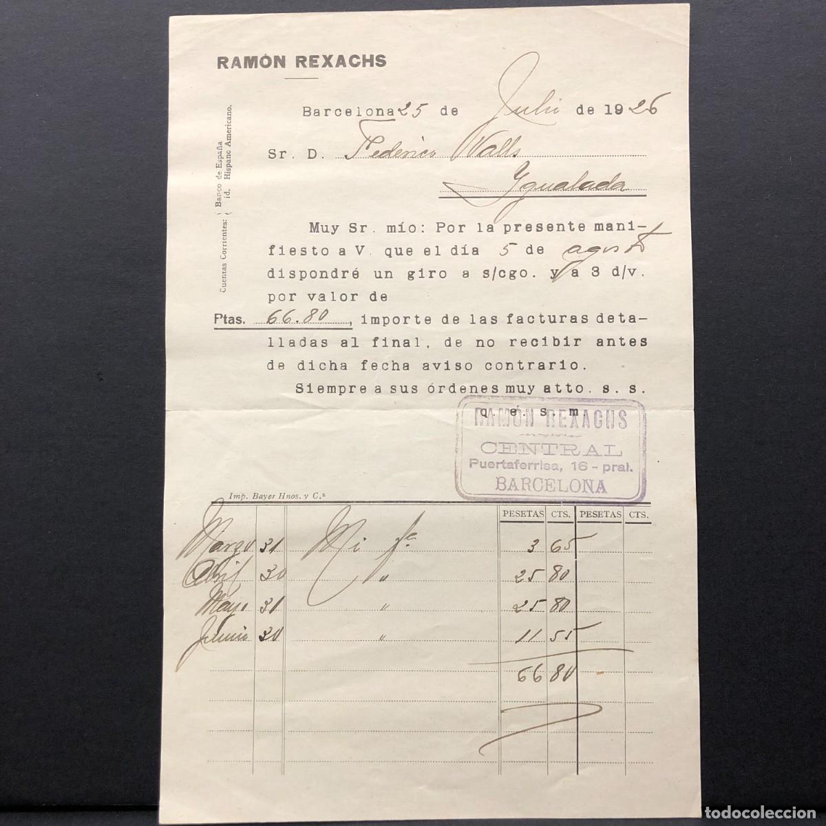 Facturas antiguas: FACTURA COMERCIAL - RAM&Oacute;N REXACHS - BARCELONA - IGUALADA 1926 - RAR&Iacute;SIMO / 67