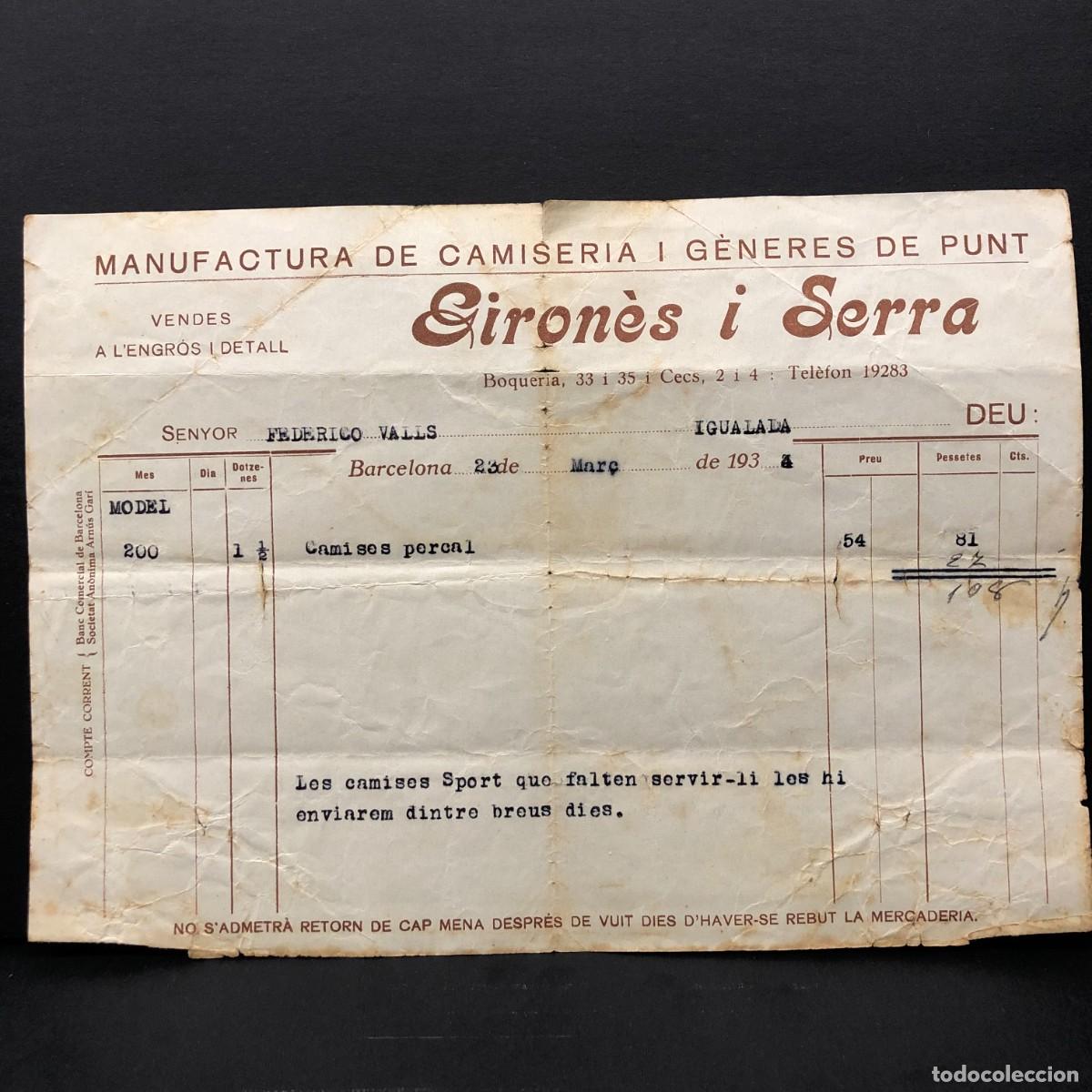 Facturas antiguas: FACTURA COMERCIAL - MANUFACTURA DE CAMISERIA I G&Egrave;NERES DE PUNT GIRON&Egrave;S I SERRA 1934 - RAR&Iacute;SIMO / 68
