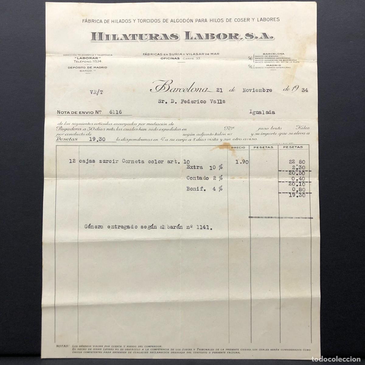 Facturas antiguas: FACTURA COMERCIAL - HILATURAS LABOR S.A. - BARCELONA - IGUALADA 1934 - RAR&Iacute;SIMO / 71