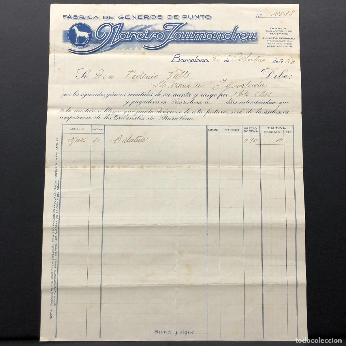 Facturas antiguas: FACTURA COMERCIAL - NARCISO JAUMANDREU F&Aacute;BRICA DE G&Eacute;NEROS DE PUNTO - BARCELONA 1933 - RAR&Iacute;SIMO / 73