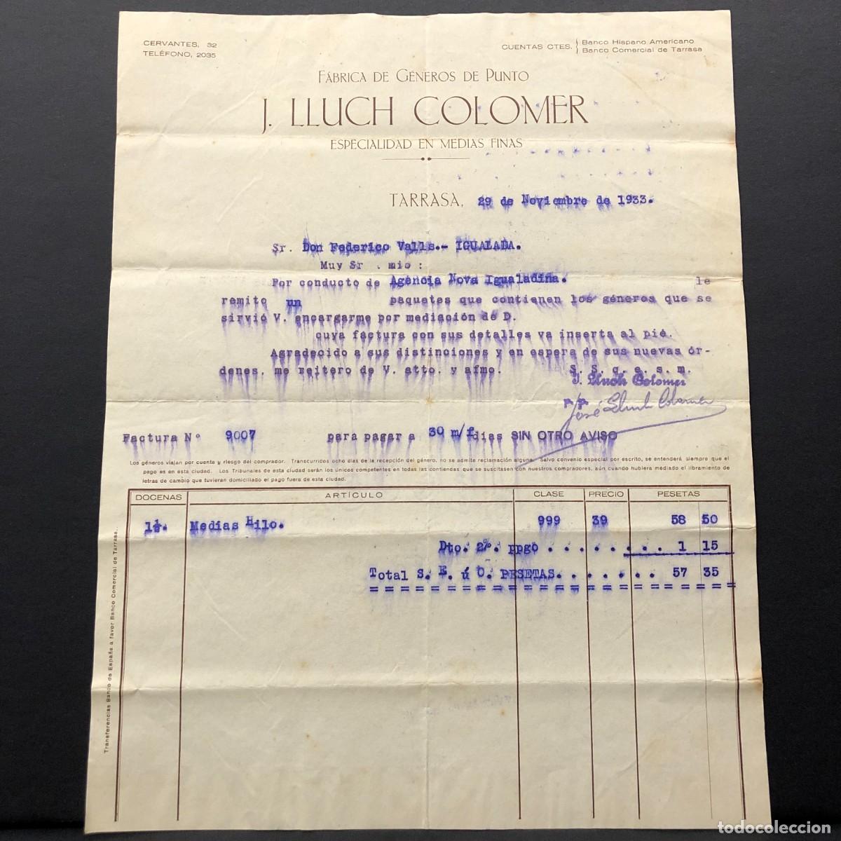Facturas antiguas: FACTURA COMERCIAL - F&Aacute;BRICA DE G&Eacute;NEROS DE PUNTO J. LLUCH COLOMER - TARRASA - 1933 - RAR&Iacute;SIMO / 75