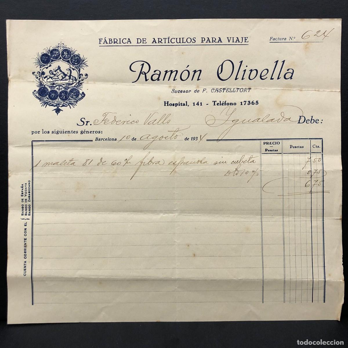 Facturas antiguas: FACTURA COMERCIAL - RAM&Oacute;N OLIVELLA - F&Aacute;BRICA DE ART&Iacute;CULOS PARA VIAJE - IGUALADA 1934 - RAR&Iacute;SIMO / 78