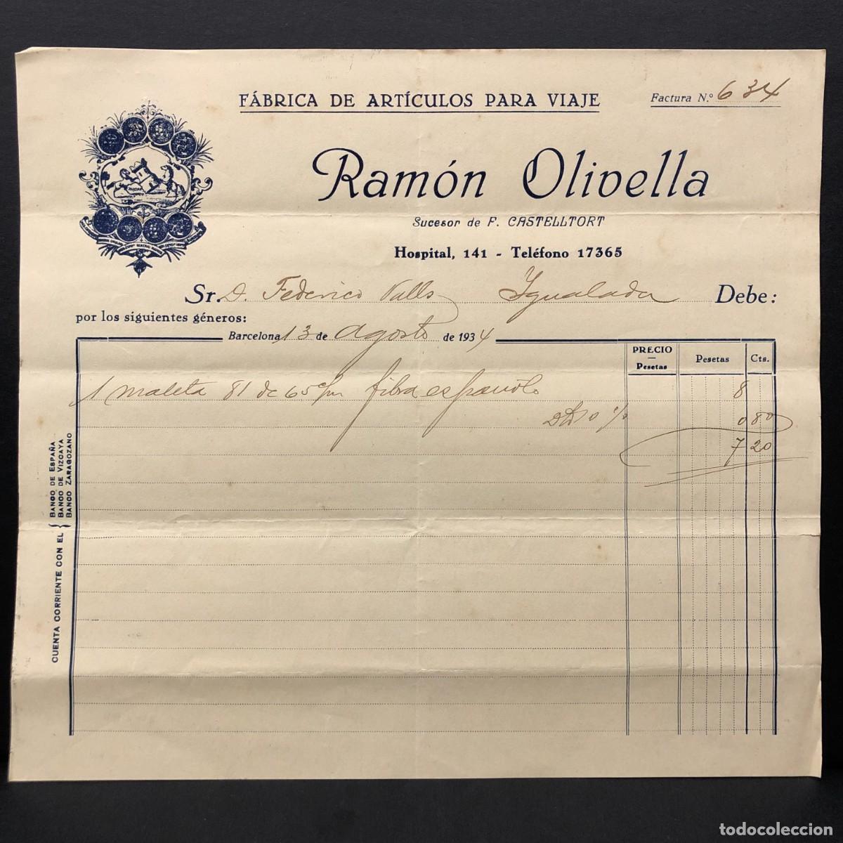 Facturas antiguas: FACTURA COMERCIAL - RAM&Oacute;N OLIVELLA - F&Aacute;BRICA DE ART&Iacute;CULOS PARA VIAJE - IGUALADA 1934 - RAR&Iacute;SIMO / 79
