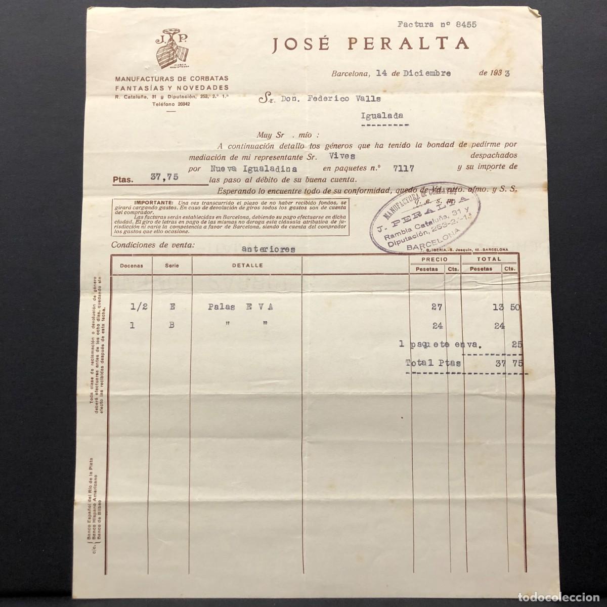 Facturas antiguas: FACTURA COMERCIAL - JOS&Eacute; PERALTA - BARCELONA - IGUALADA - 1933 - RAR&Iacute;SIMO / 80