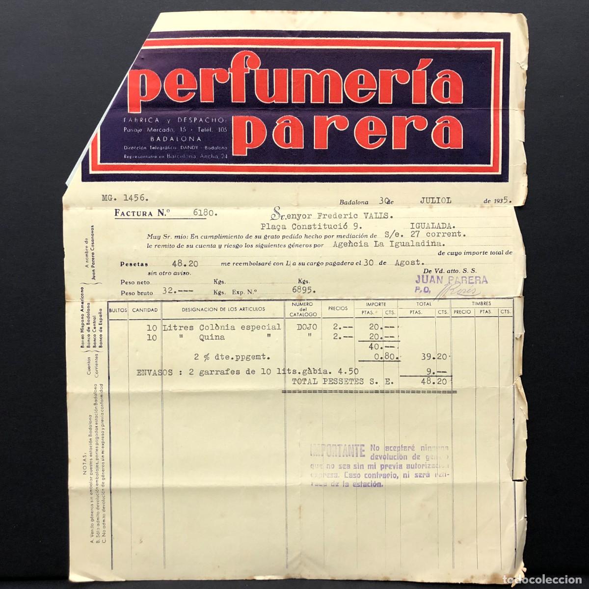 Facturas antiguas: FACTURA COMERCIAL - PERFUMER&Iacute;A PARERA - BADALONA - 1935 - IGUALADA - RAR&Iacute;SIMO / 81