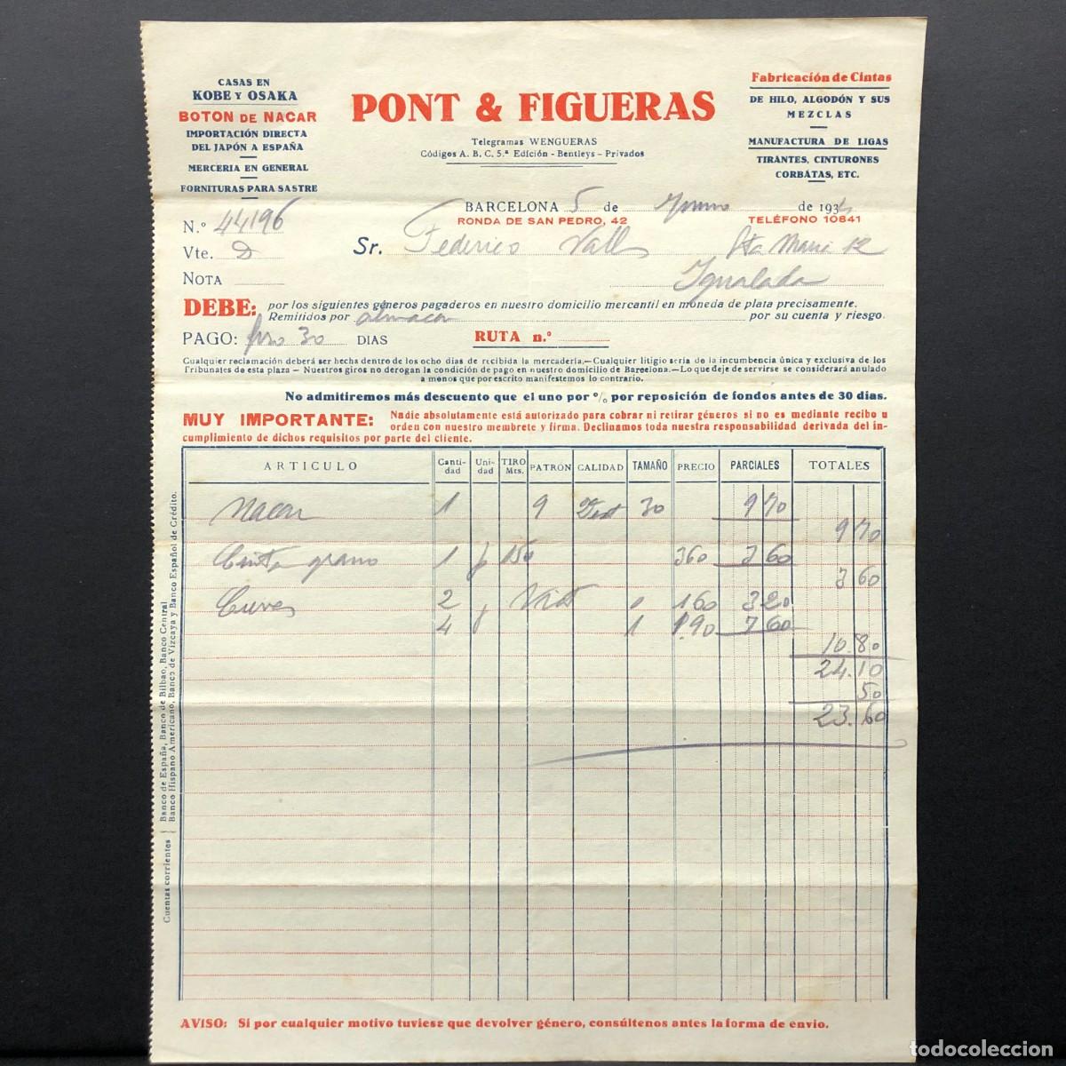 Facturas antiguas: FACTURA COMERCIAL - PONT & FIGUERAS - BARCELONA 1934 - RAR&Iacute;SIMO / 83